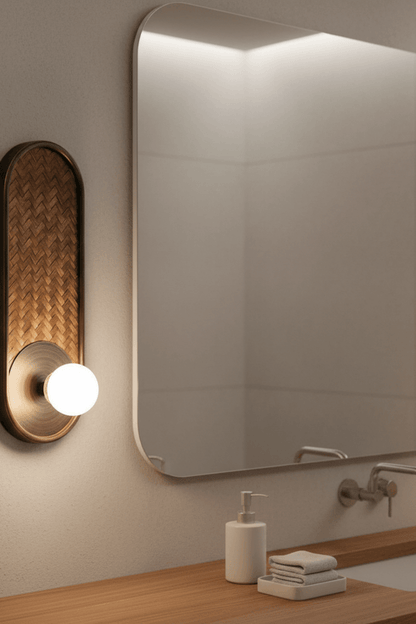 H39 Japanese Wood & Rattan Glass Wall Sconce