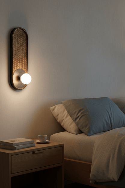 H39 Japanese Wood & Rattan Glass Wall Sconce