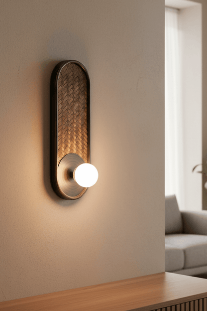 H39 Japanese Wood & Rattan Glass Wall Sconce