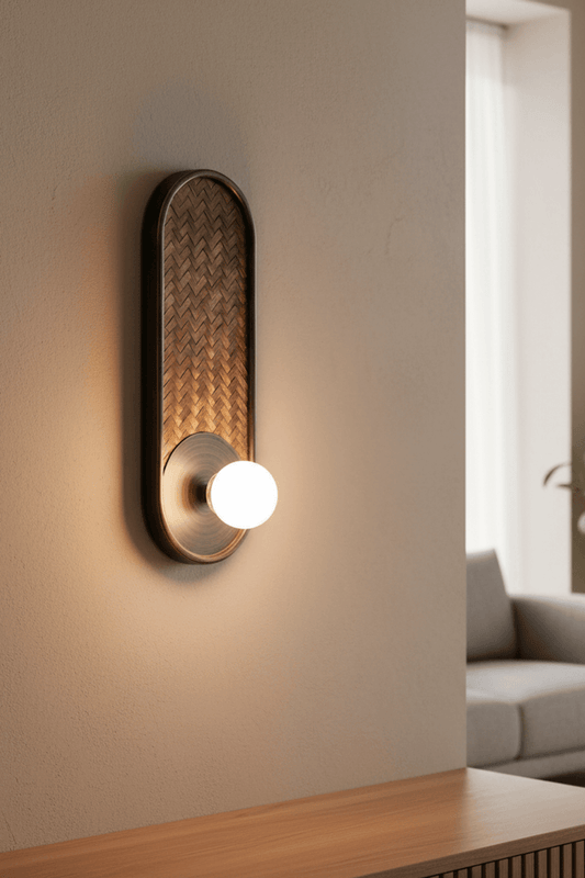 H39 Japanese Wood & Rattan Glass Wall Sconce