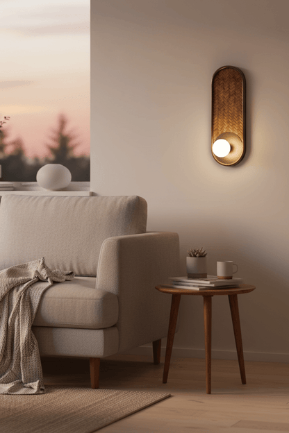 H39 Japanese Wood & Rattan Glass Wall Sconce