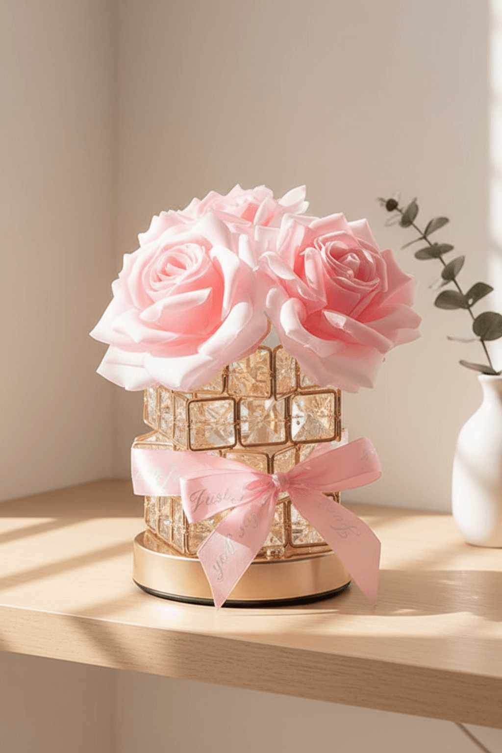 Romantic Rose Crystal Cube Table Lamp for Bedroom