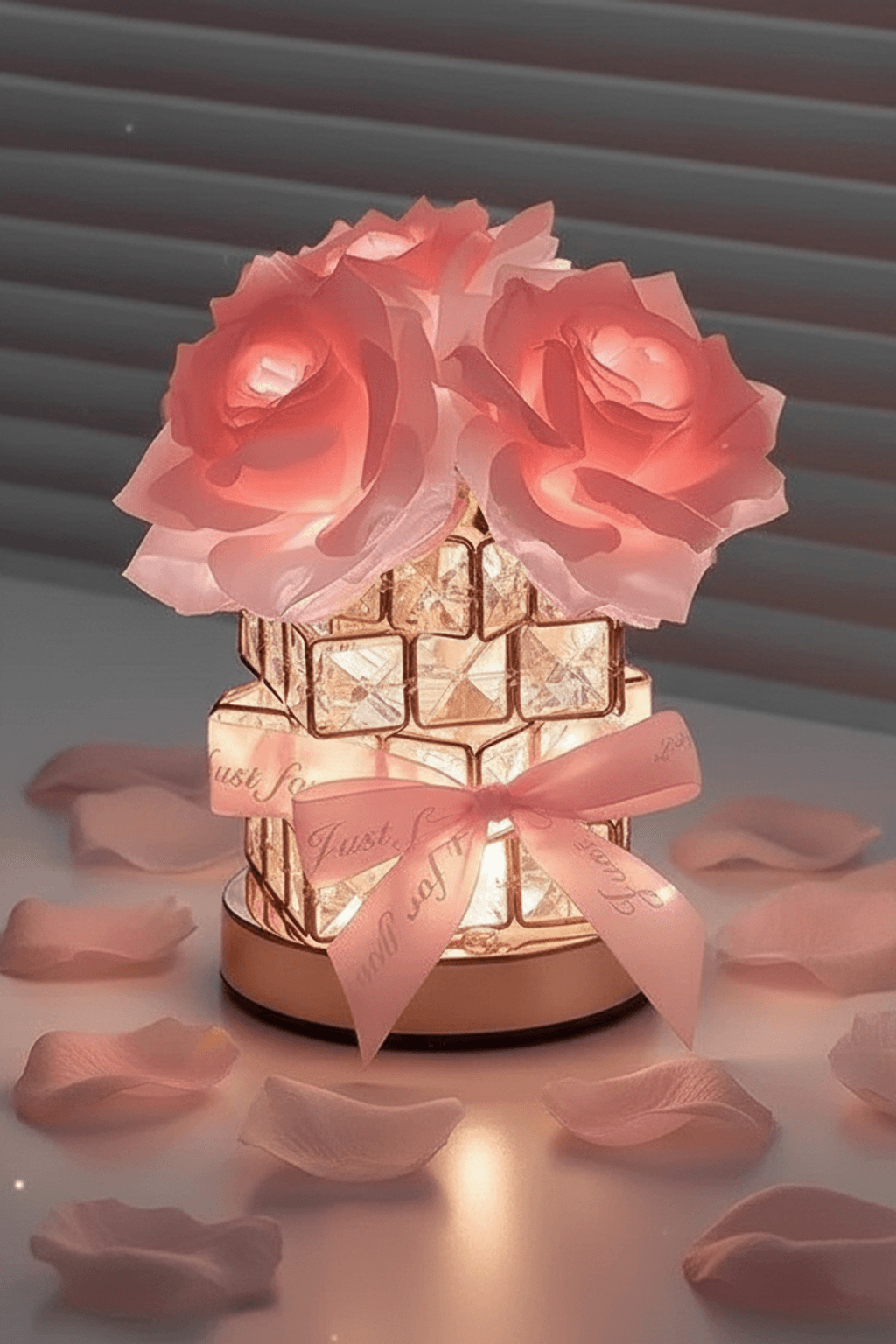 Romantic Rose Crystal Cube Table Lamp for Bedroom