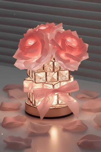 Romantic Rose Crystal Cube Table Lamp for Bedroom