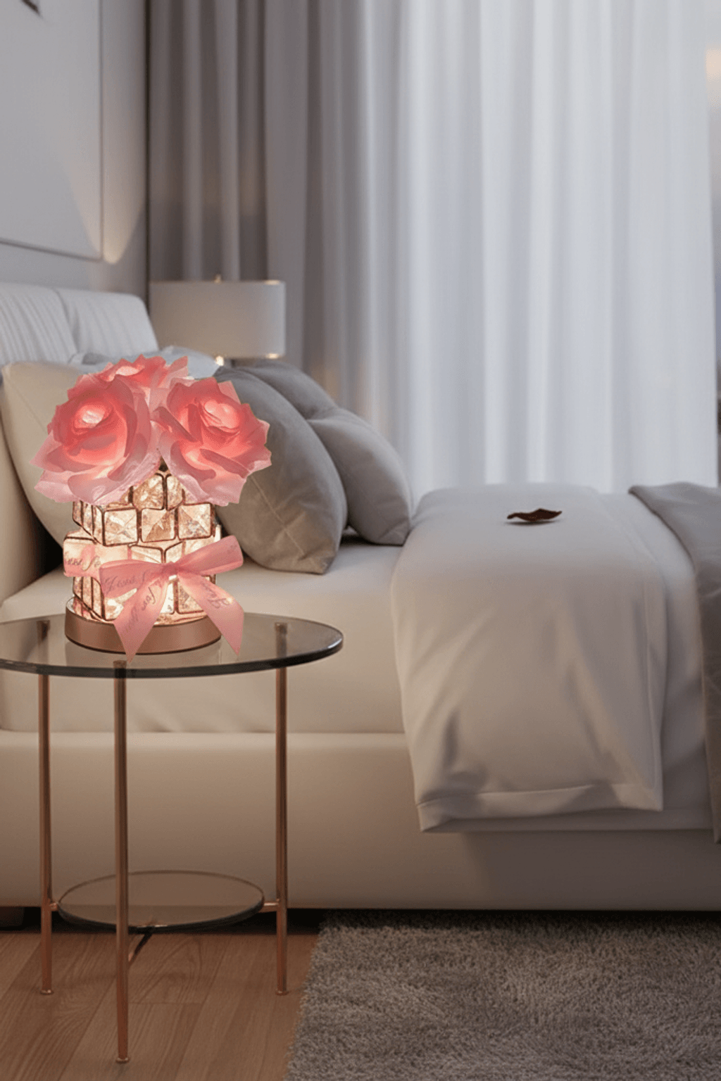 Romantic Rose Crystal Cube Table Lamp for Bedroom