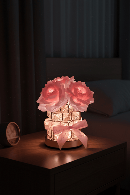 Romantic Rose Crystal Cube Table Lamp for Bedroom