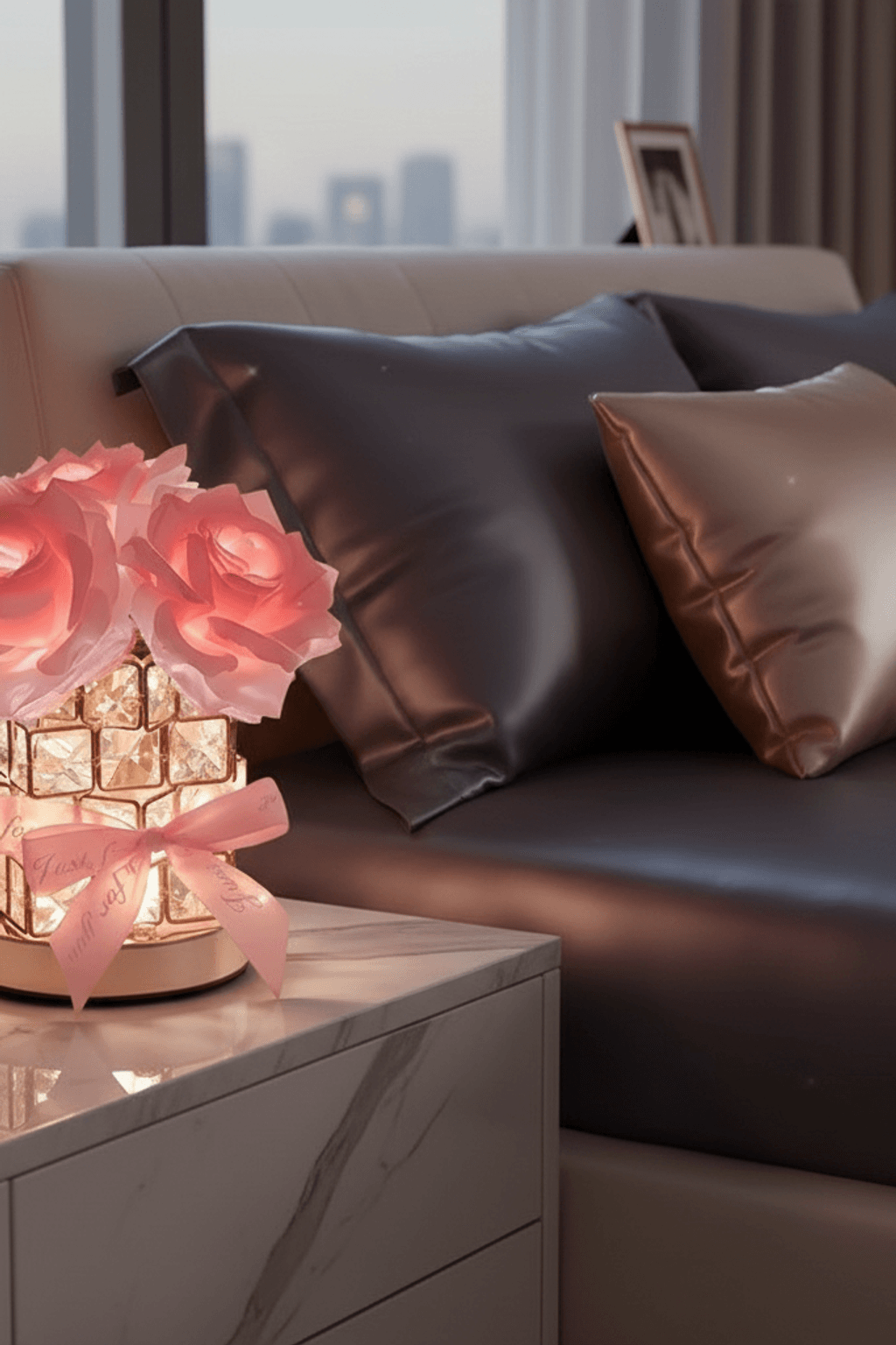 Romantic Rose Crystal Cube Table Lamp for Bedroom