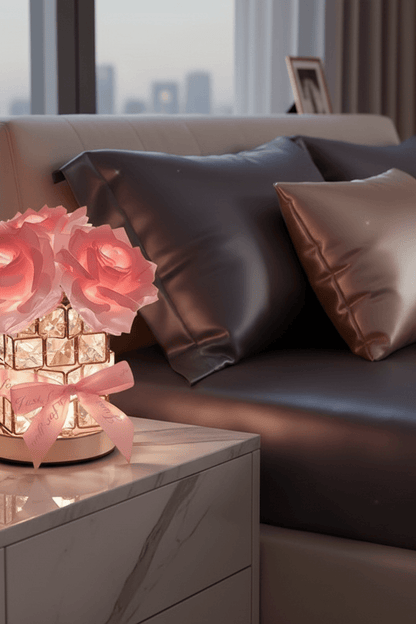 Romantic Rose Crystal Cube Table Lamp for Bedroom
