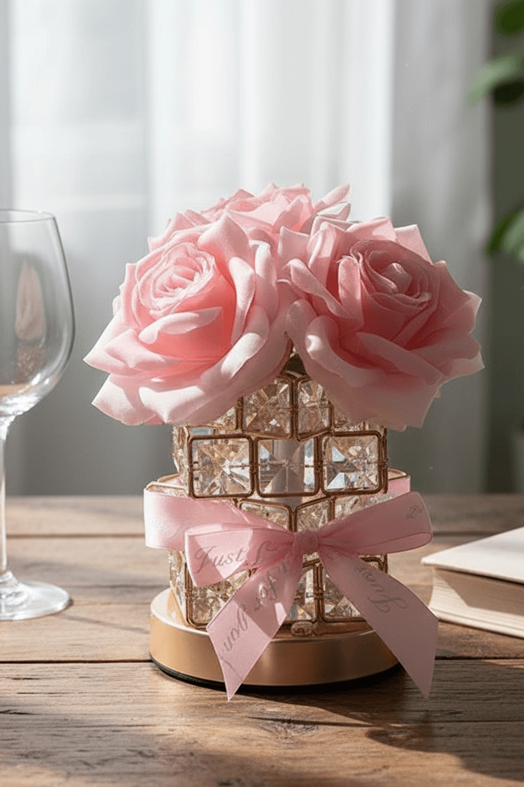 Romantic Rose Crystal Cube Table Lamp for Bedroom