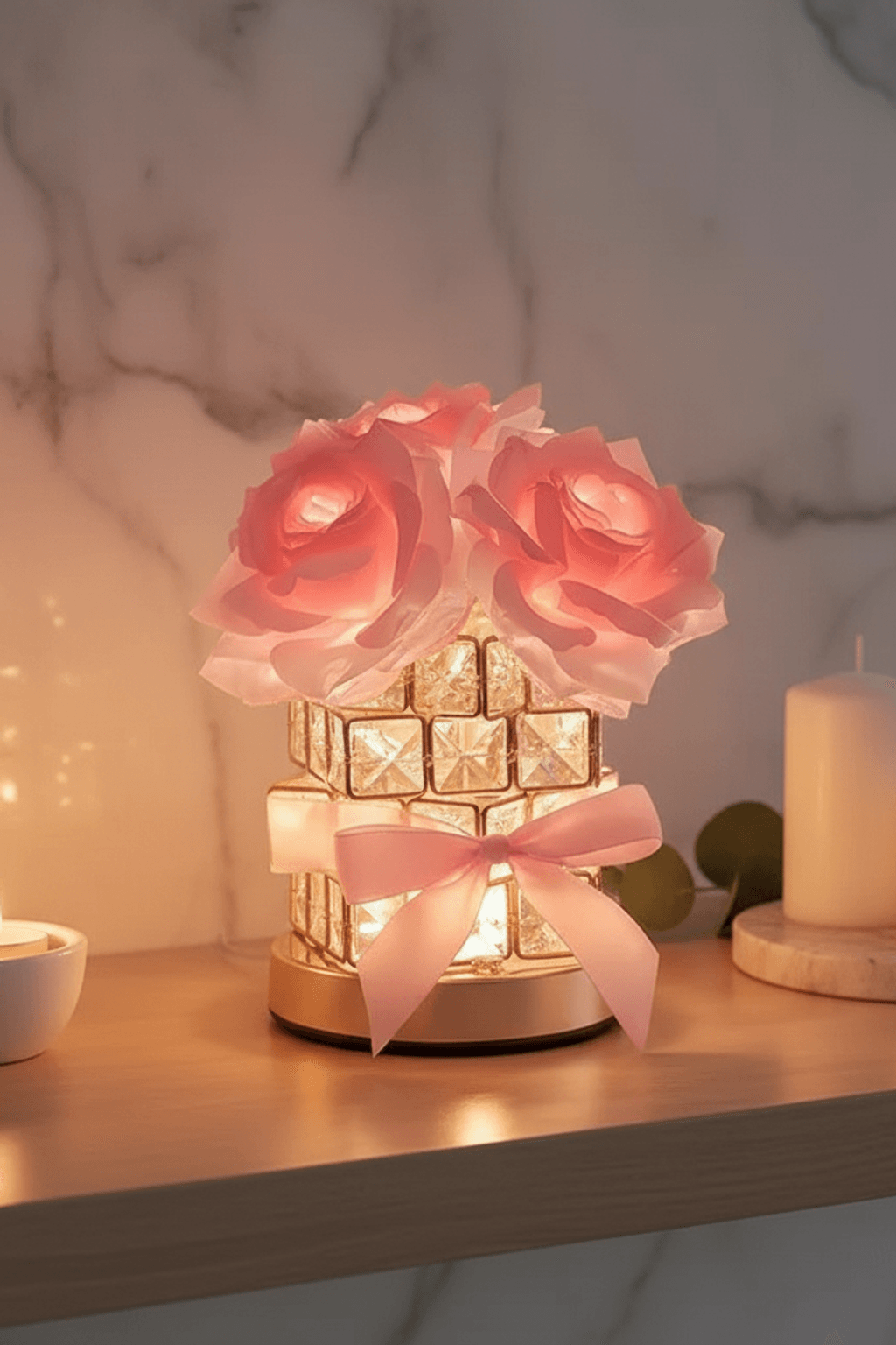 Romantic Rose Crystal Cube Table Lamp for Bedroom