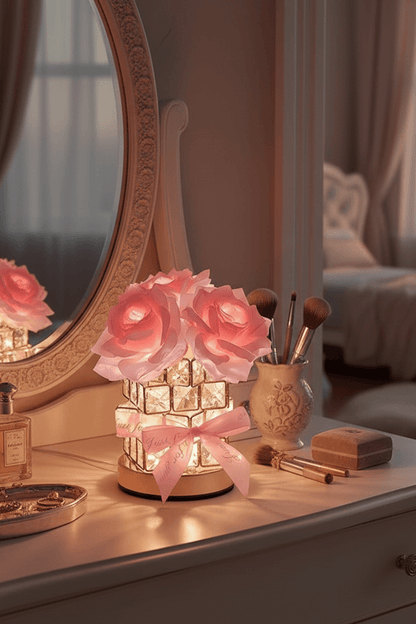 Romantic Rose Crystal Cube Table Lamp for Bedroom