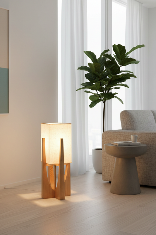 Wabi Sabi Floor Lamp Fabric Shade Wood Base E27 for Living Room