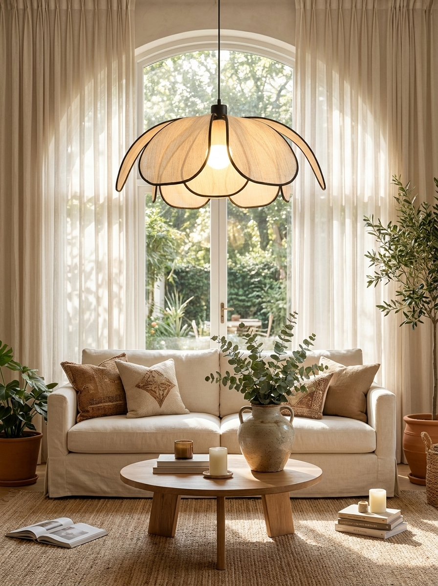Flower-Shaped Rattan Pendant Light with Black Accents