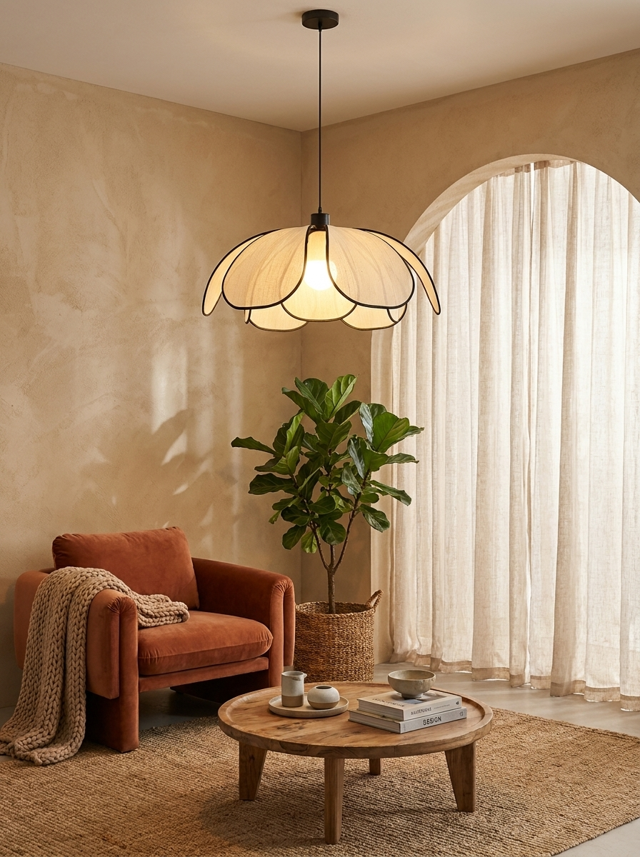 Flower-Shaped Rattan Pendant Light with Black Accents