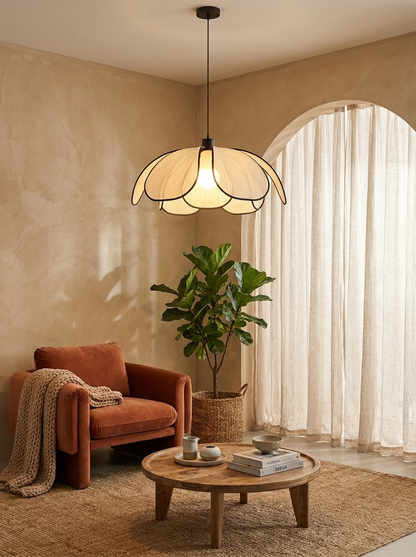 Flower-Shaped Rattan Pendant Light with Black Accents