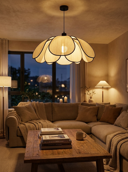 Flower-Shaped Rattan Pendant Light with Black Accents