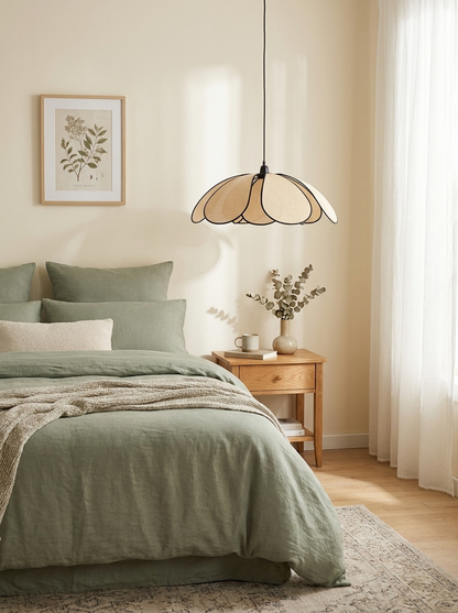 Flower-Shaped Rattan Pendant Light with Black Accents