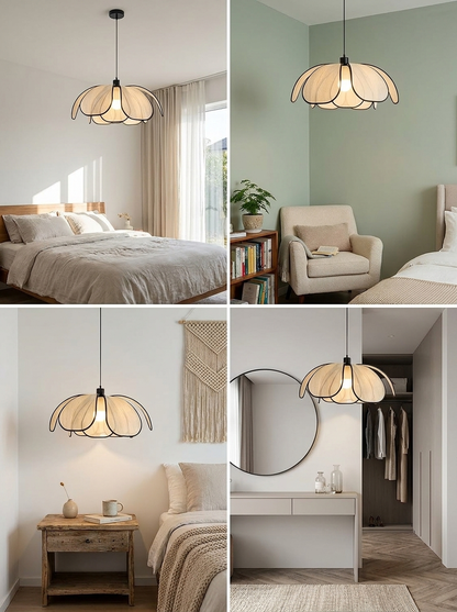 Flower-Shaped Rattan Pendant Light with Black Accents