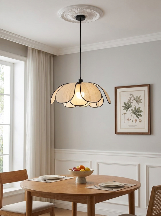 Flower-Shaped Rattan Pendant Light with Black Accents