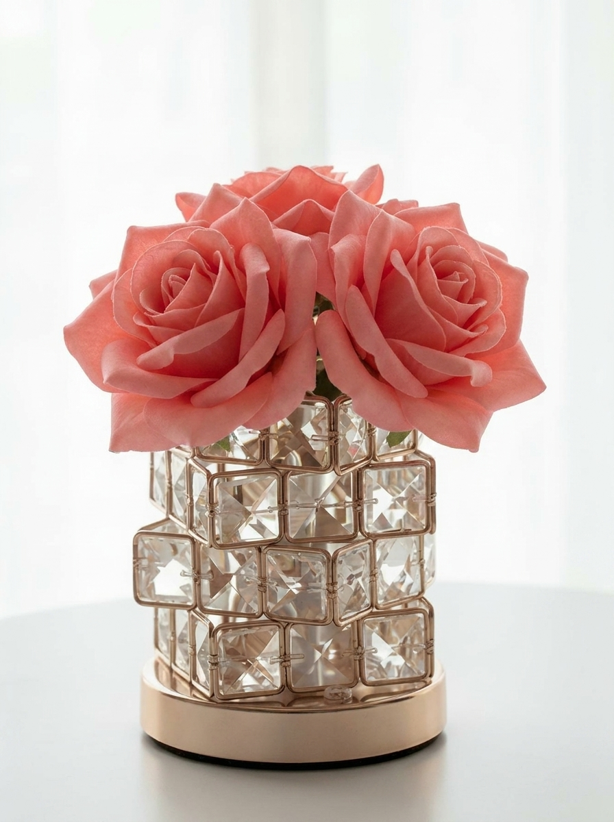 Romantic Rose Crystal Cube Table Lamp for Bedroom
