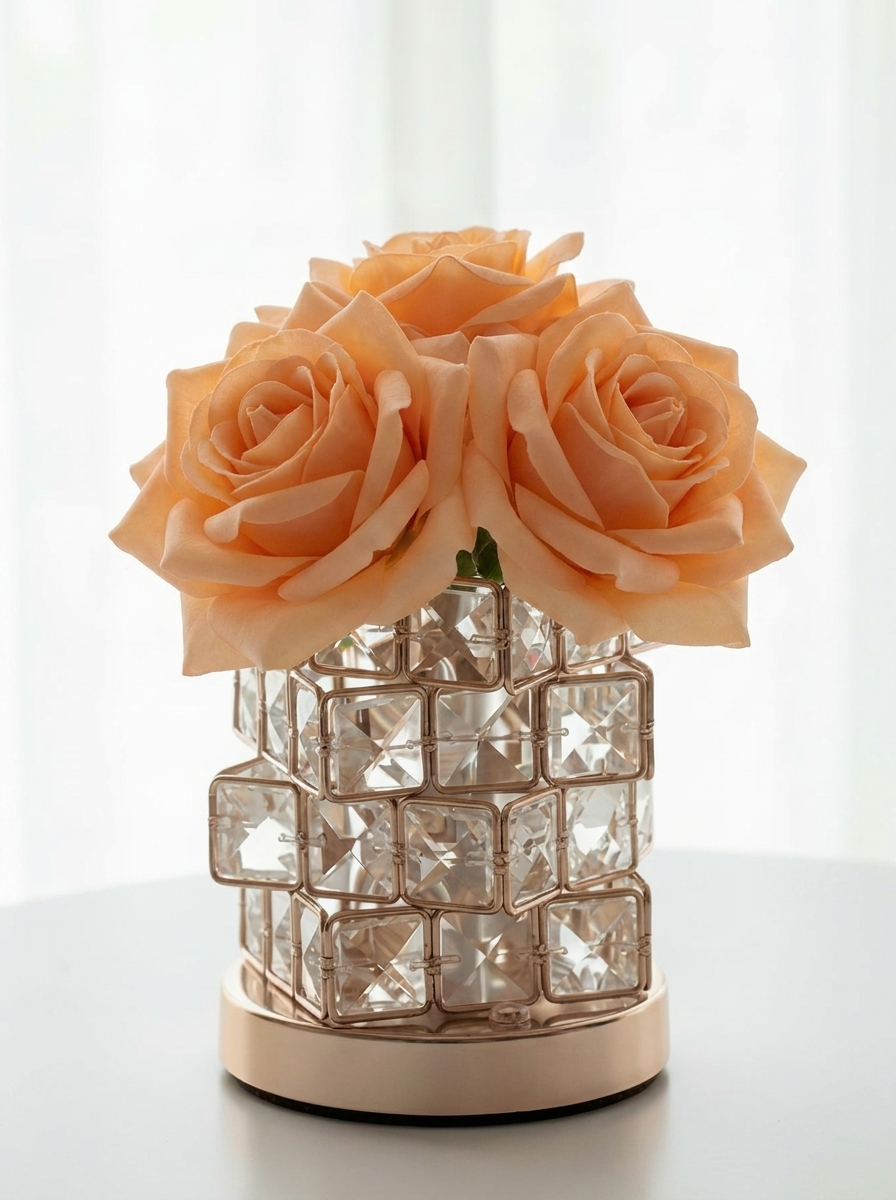 Romantic Rose Crystal Cube Table Lamp for Bedroom