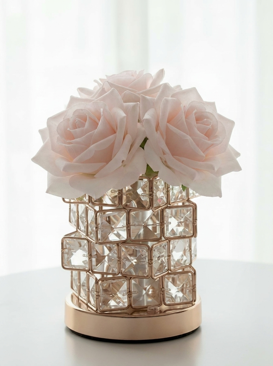 Romantic Rose Crystal Cube Table Lamp for Bedroom